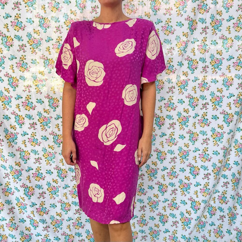 Vintage 80s pink floral silk dress size 10